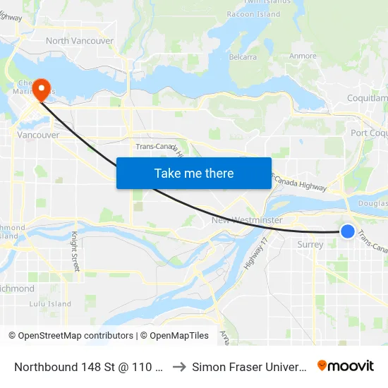 Northbound 148 St @ 110 Ave to Simon Fraser University map