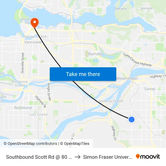 Southbound Scott Rd @ 80 Ave to Simon Fraser University map