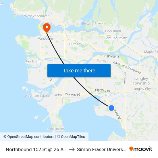 Northbound 152 St @ 26 Ave to Simon Fraser University map
