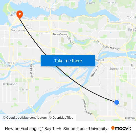 Newton Exchange @ Bay 1 to Simon Fraser University map