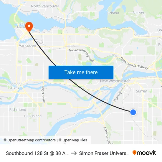 Southbound 128 St @ 88 Ave to Simon Fraser University map