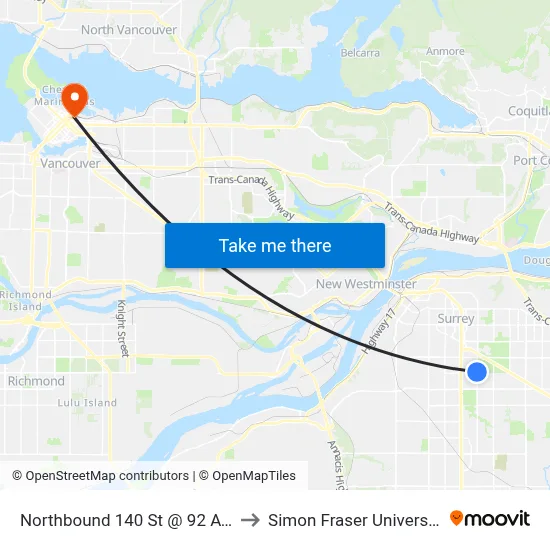 Northbound 140 St @ 92 Ave to Simon Fraser University map