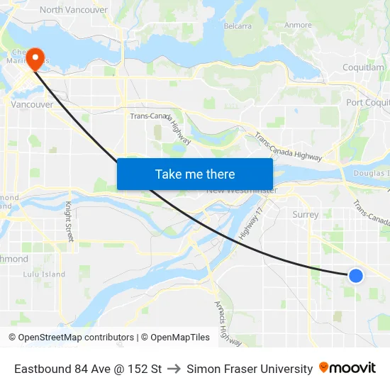 Eastbound 84 Ave @ 152 St to Simon Fraser University map