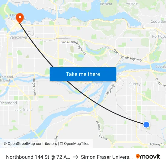 Northbound 144 St @ 72 Ave to Simon Fraser University map