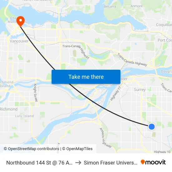 Northbound 144 St @ 76 Ave to Simon Fraser University map