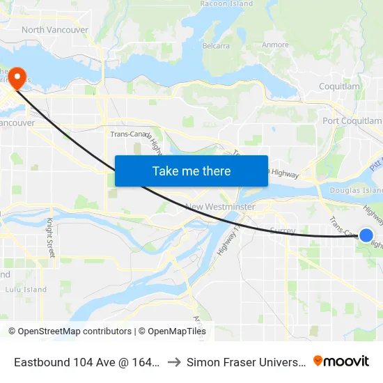 Eastbound 104 Ave @ 164 St to Simon Fraser University map