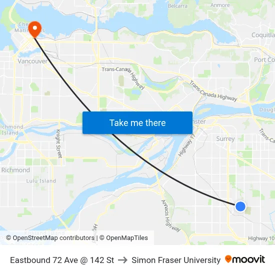 Eastbound 72 Ave @ 142 St to Simon Fraser University map