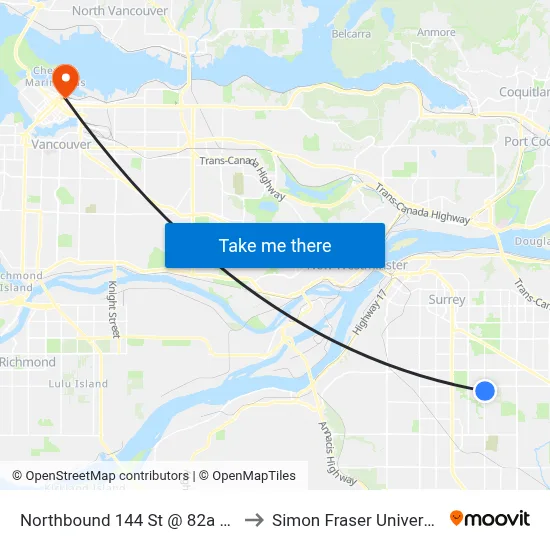 Northbound 144 St @ 82a Ave to Simon Fraser University map