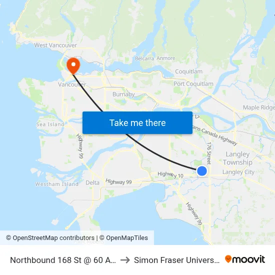 Northbound 168 St @ 60 Ave to Simon Fraser University map