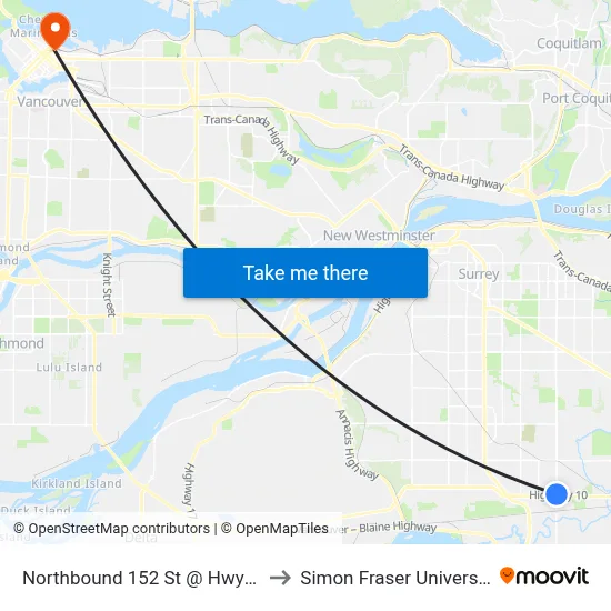Northbound 152 St @ Hwy 10 to Simon Fraser University map