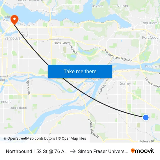Northbound 152 St @ 76 Ave to Simon Fraser University map