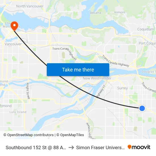 Southbound 152 St @ 88 Ave to Simon Fraser University map