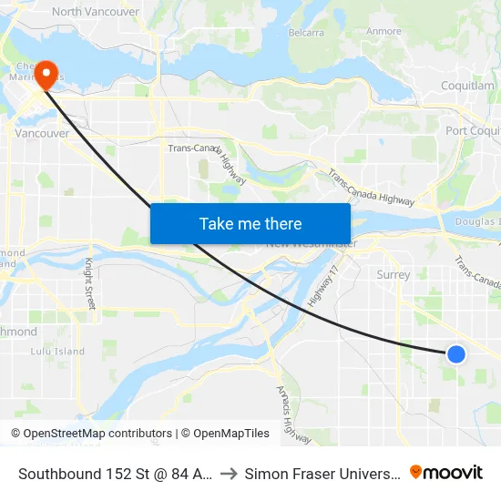 Southbound 152 St @ 84 Ave to Simon Fraser University map