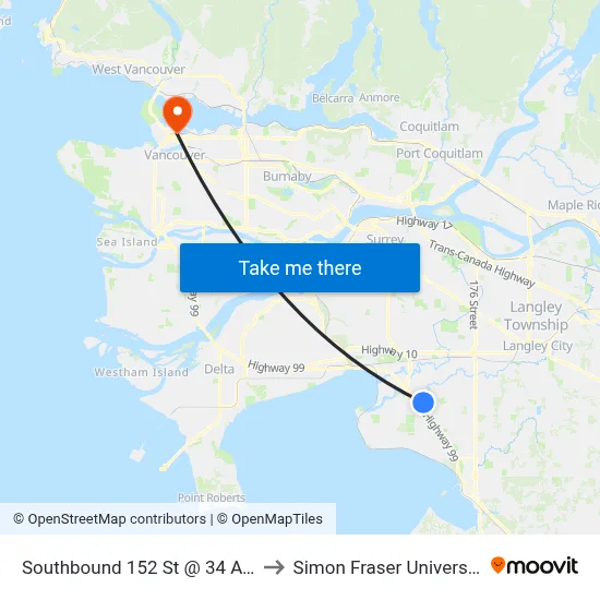 Southbound 152 St @ 34 Ave to Simon Fraser University map