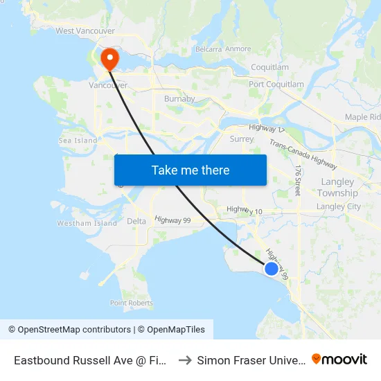 Eastbound Russell Ave @ Finlay St to Simon Fraser University map