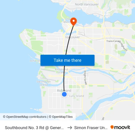 Southbound No. 3 Rd @ General Currie Rd to Simon Fraser University map
