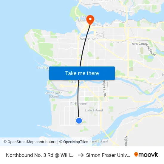 Northbound No. 3 Rd @ Williams Rd to Simon Fraser University map