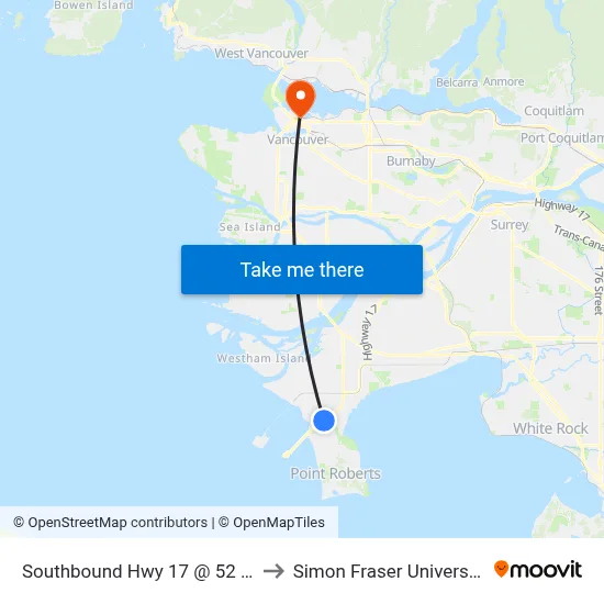 Southbound Hwy 17 @ 52 St to Simon Fraser University map