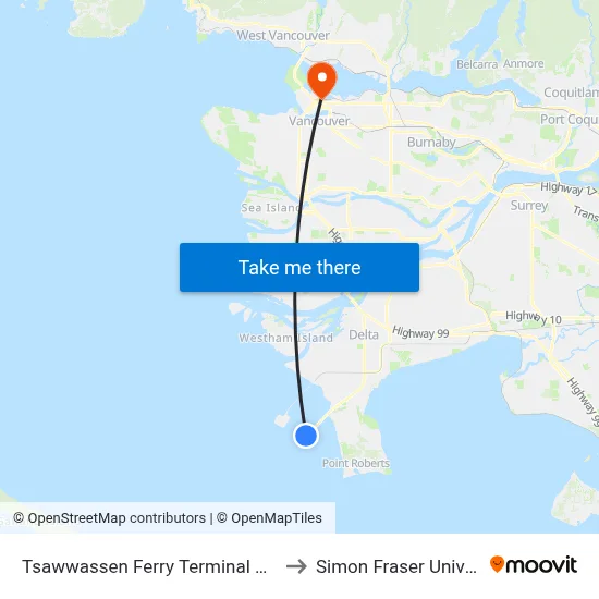 Tsawwassen Ferry Terminal @ Bay 1 to Simon Fraser University map