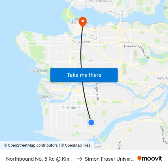 Northbound No. 5 Rd @ King Rd to Simon Fraser University map