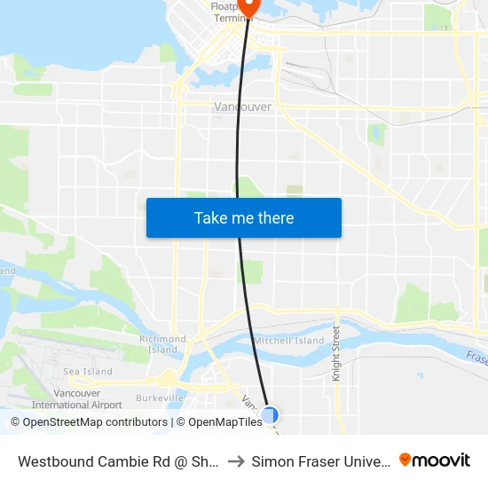 Westbound Cambie Rd @ Shell Rd to Simon Fraser University map