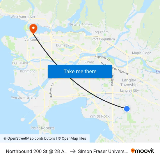 Northbound 200 St @ 28 Ave to Simon Fraser University map