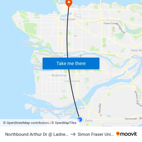 Northbound Arthur Dr @ Ladner Trunk Rd to Simon Fraser University map
