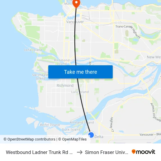 Westbound Ladner Trunk Rd @ 53 St to Simon Fraser University map