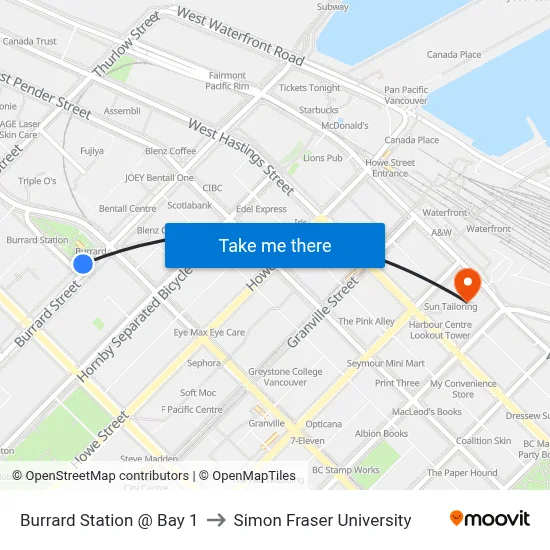 Burrard Station @ Bay 1 to Simon Fraser University map