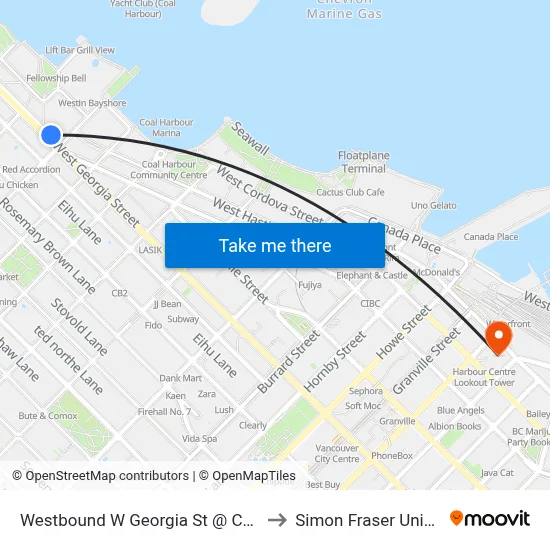 Westbound W Georgia St @ Cardero St to Simon Fraser University map