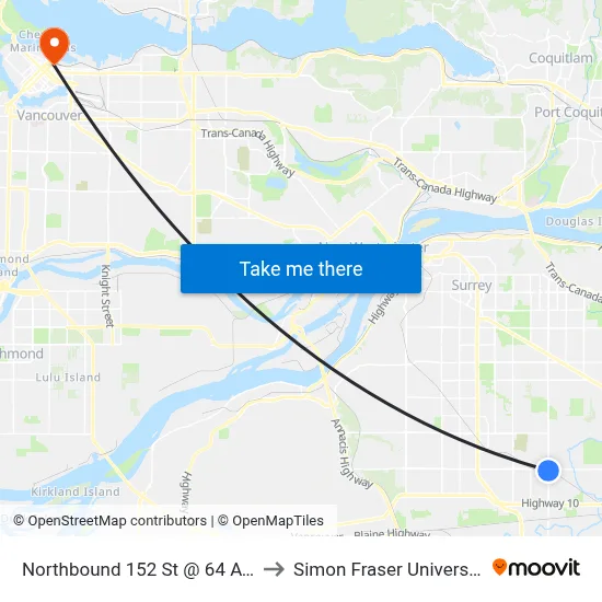 Northbound 152 St @ 64 Ave to Simon Fraser University map