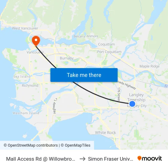 Mall Access Rd @ Willowbrook Mall to Simon Fraser University map