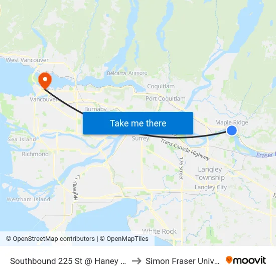 Southbound 225 St @ Haney Bypass to Simon Fraser University map