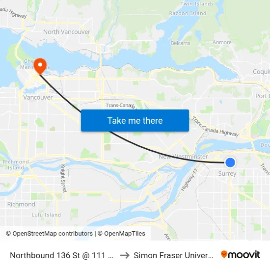 Northbound 136 St @ 111 Ave to Simon Fraser University map