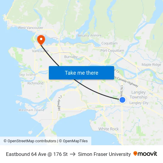 Eastbound 64 Ave @ 176 St to Simon Fraser University map