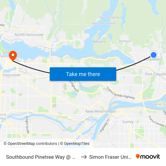 Southbound Pinetree Way @ David Ave to Simon Fraser University map