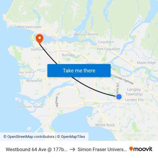 Westbound 64 Ave @ 177b St to Simon Fraser University map