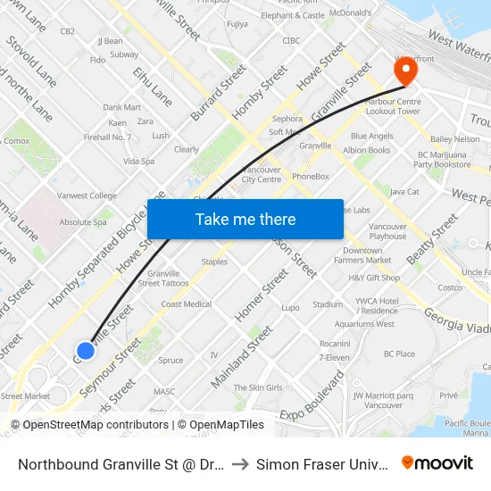 Northbound Granville St @ Drake St to Simon Fraser University map