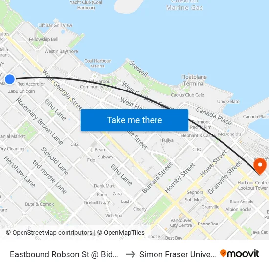 Eastbound Robson St @ Bidwell St to Simon Fraser University map