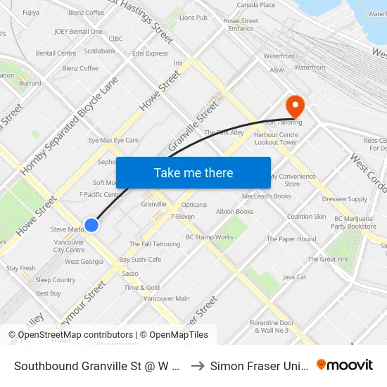 Southbound Granville St @ W Georgia St to Simon Fraser University map