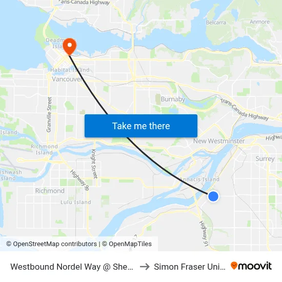 Westbound Nordel Way @ Shepherd Way to Simon Fraser University map
