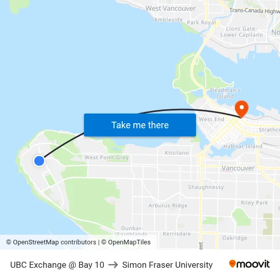 UBC Exchange @ Bay 10 to Simon Fraser University map