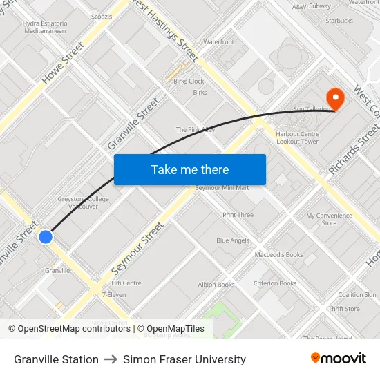 Granville Station to Simon Fraser University map