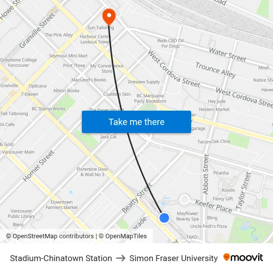 Stadium-Chinatown Station to Simon Fraser University map