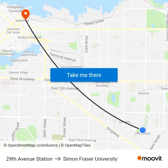 29th Avenue Station to Simon Fraser University map