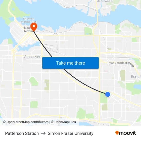 Patterson Station to Simon Fraser University map