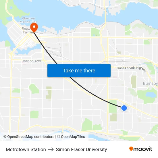 Metrotown Station to Simon Fraser University map