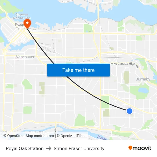 Royal Oak Station to Simon Fraser University map