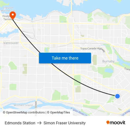Edmonds Station to Simon Fraser University map