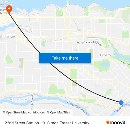 22nd Street Station to Simon Fraser University map